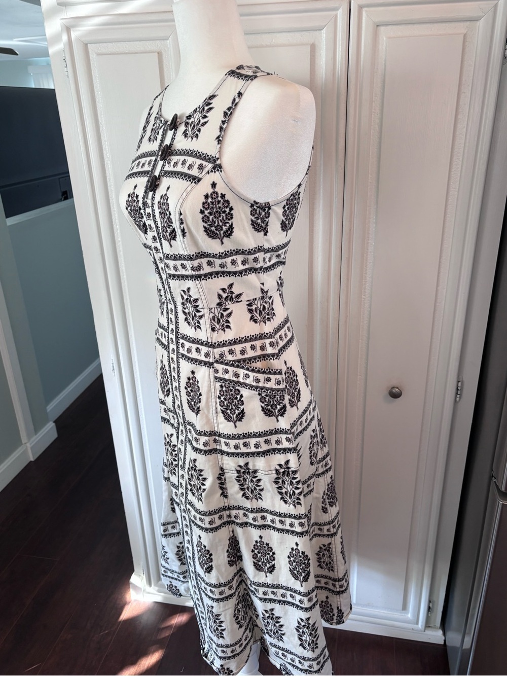 Sleeveless Black & White Printed Midi Dress - Elegant Floral Block Print sz 0 - Picture 4 of 10